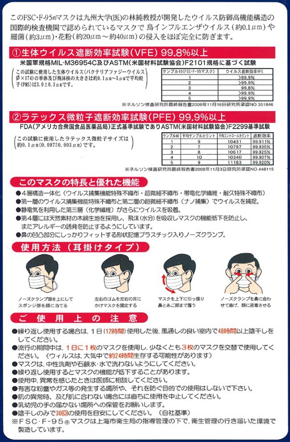 中国大気汚染対策　高性能マスク　抗ウイルスマスク「FSC・F－95」